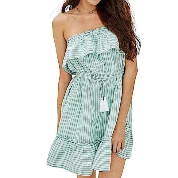 American Eagle Size Small Green White Strapless Dress Cinch Waist‎ Pockets Lined - Picture 1 of 6